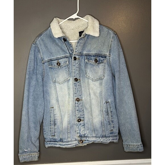 Track 23 Men's Size Small Fleece Lined Sherpa Distressed Denim Blue Jean Coat - Picture 1 of 5